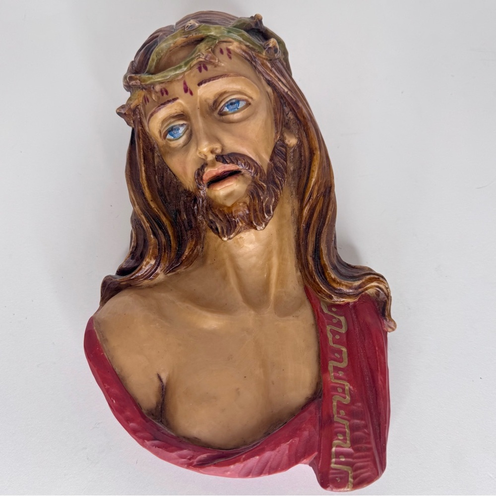 Sacred Art Jesus‎ Bust in Red and Brown wall hanging made in Italy rare crown